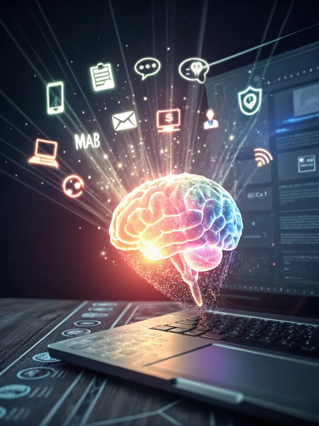 A stylized image depicting an AI brain generating various ad creatives, showcasing the ad generation feature of Chicken Rally.